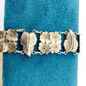 Vintage Silver Plated Panel Bracelet Floral Leaf Links Retro 7 Inch